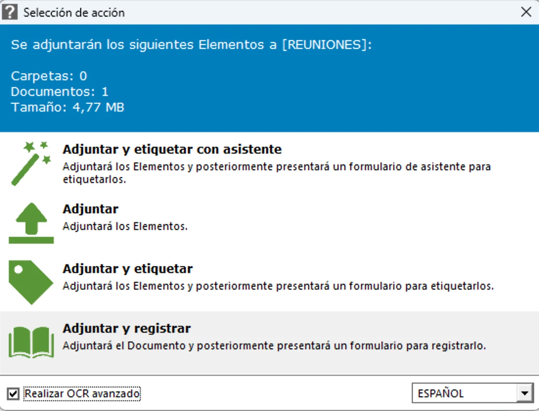 Ventana de Avanbox Core al adjuntar un documento: adjuntar, adjuntar y etiquetar, adjuntar y registrar, con la casilla de reconocimiento de texto marcada