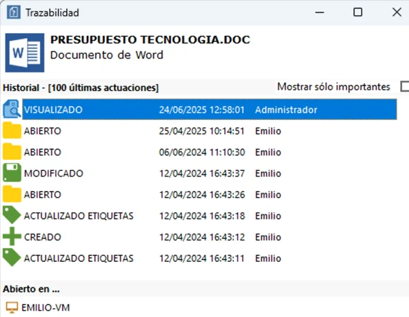Ventana de trazabilidad de un documento en Avanbox Core: historial de actuaciones (creado, abierto, modificado, visualizado, etiquetas actualizadas) con fecha, hora y usuario
